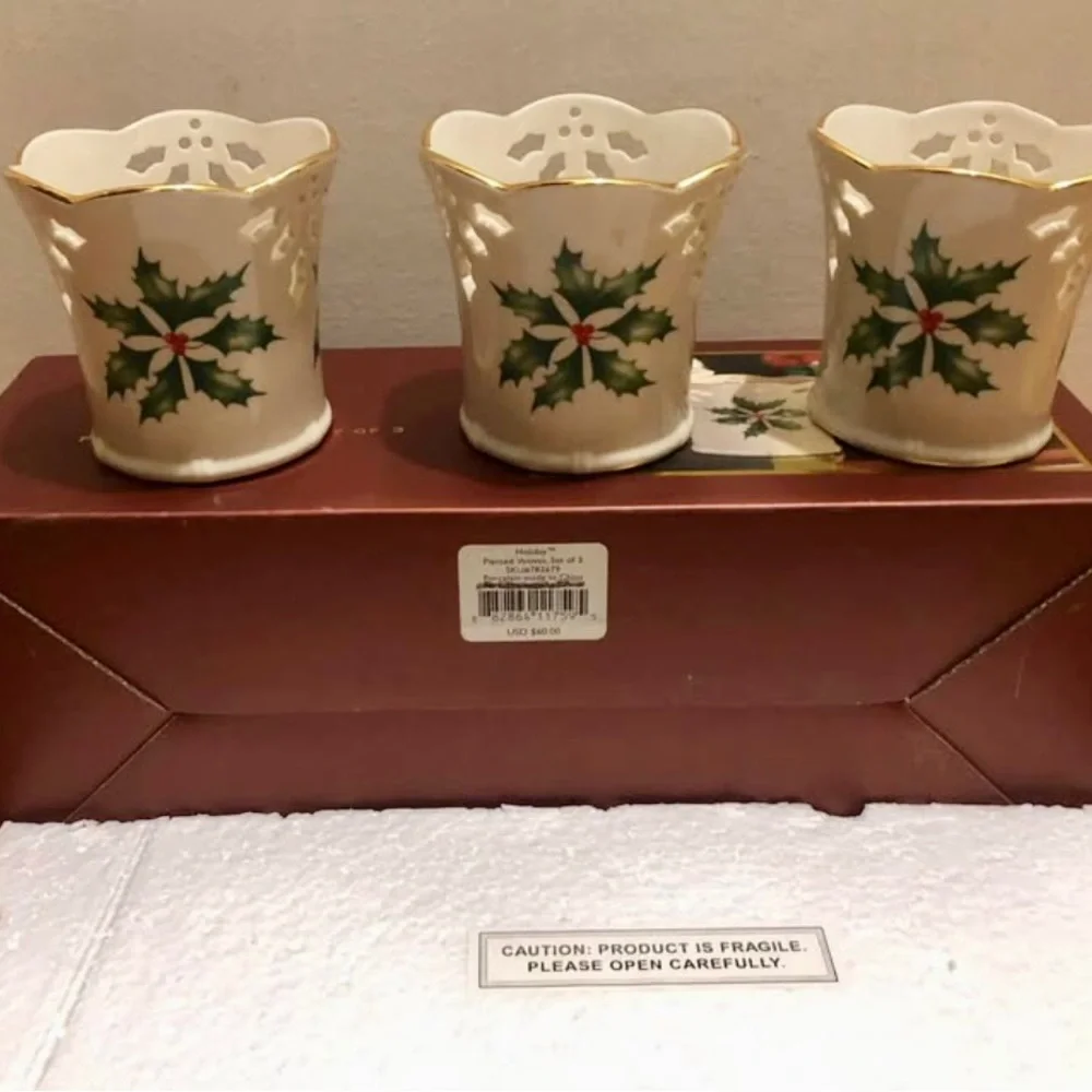 Lenox Holiday Holly Porcelain Pierced Votives Set of 3 Pieces